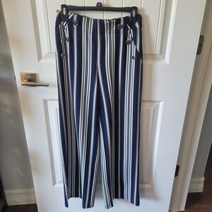 Cato Poly Spandex sailor pants Nautical striped Wide leg Classic Buttons XS Navy